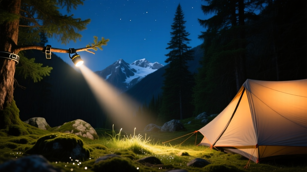 Nighttime alpine campsite scene illuminated by the warm focused beam of a compact headlamp strapped to a pine branch casting long shadows