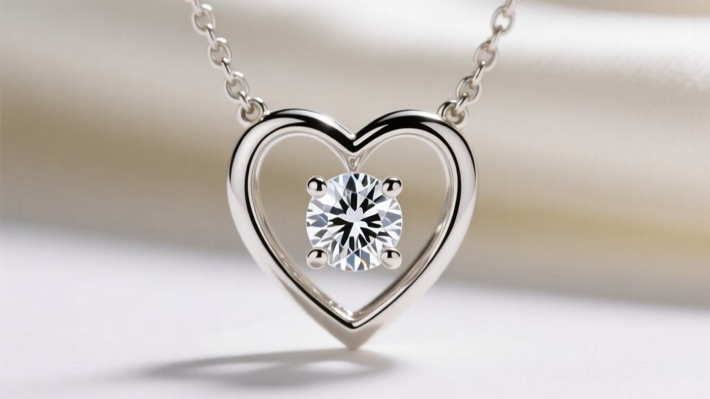 Macro shot of a 14k white gold heart necklace showing a four-prong setting holding a 0.25 carat solitaire diamond in the middle.