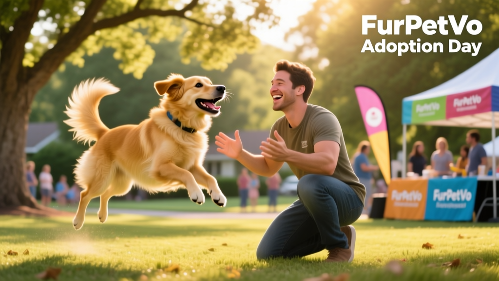 A joyful dog meeting its new adopter at a FurPetVo-sponsored outdoor adoption event