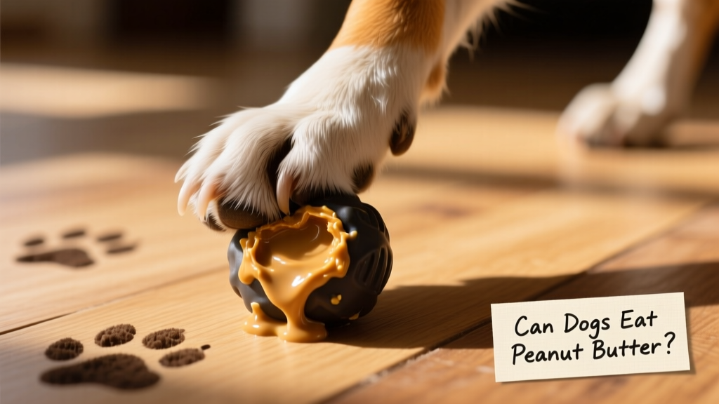 Close-up of a dog’s paw holding a KONG toy stuffed with peanut butter
