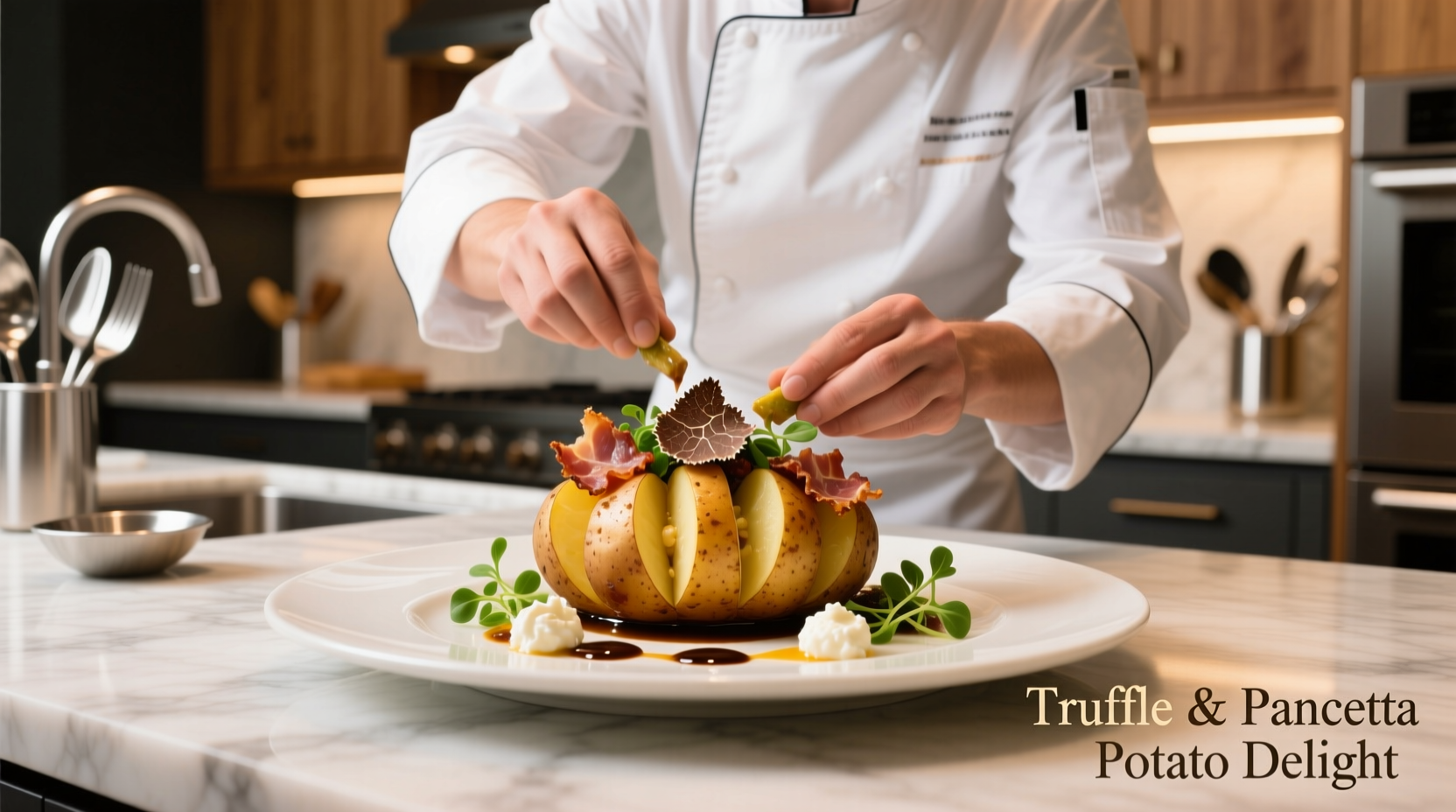 Chef preparing gourmet potato dish with various toppings