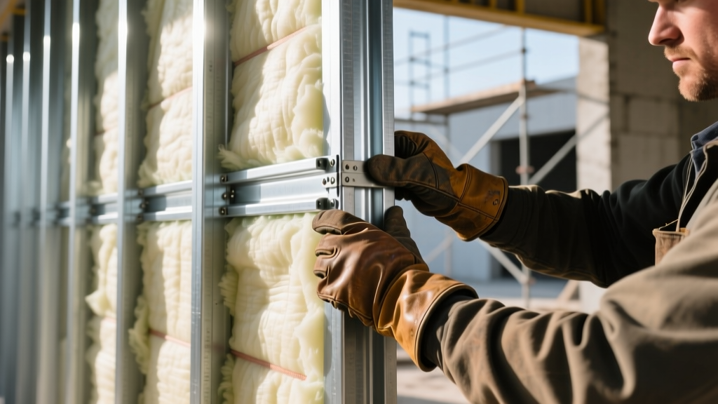 Galvanized exterior steel framing studs with rigid insulation secured by a worker in leather gloves on a commercial site