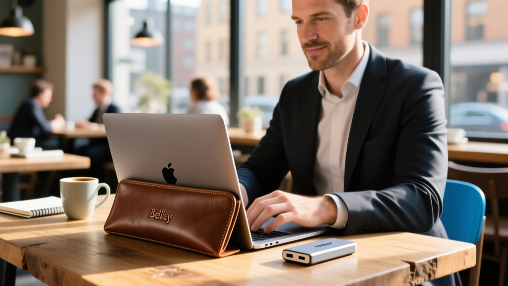 Scrum Master at a cafe pulling a 16-inch MacBook from a textured Bellroy leather sleeve, with a compact Satechi hub on the table.