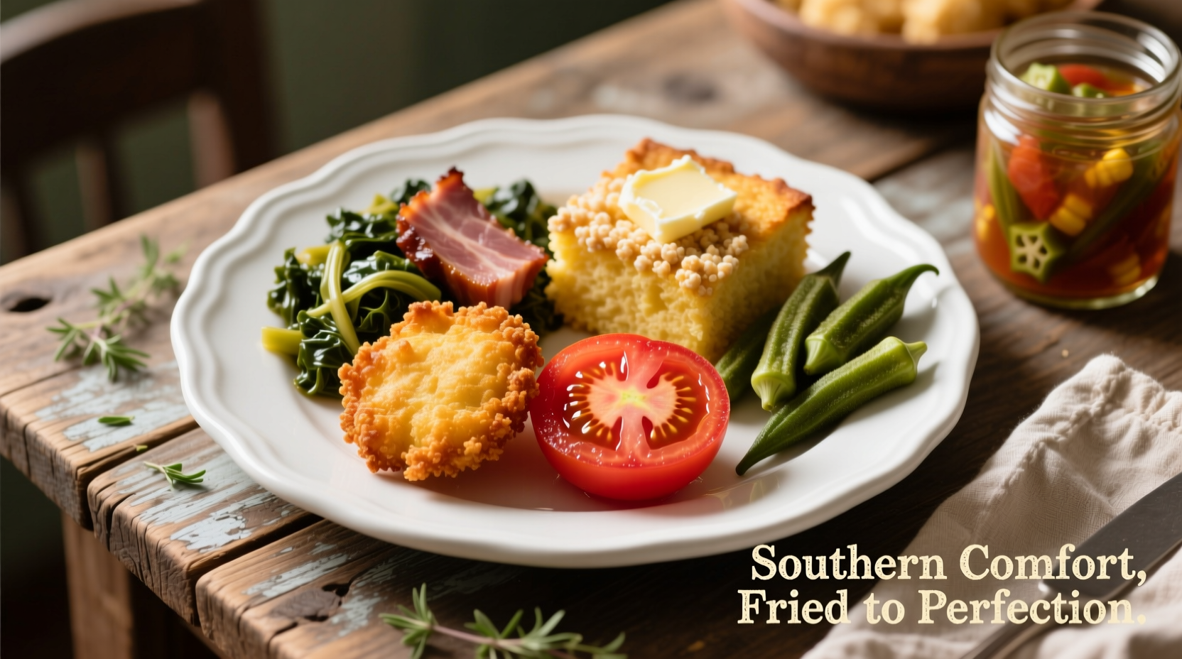 Fresh fried tomatoes served on white plate with Southern sides
