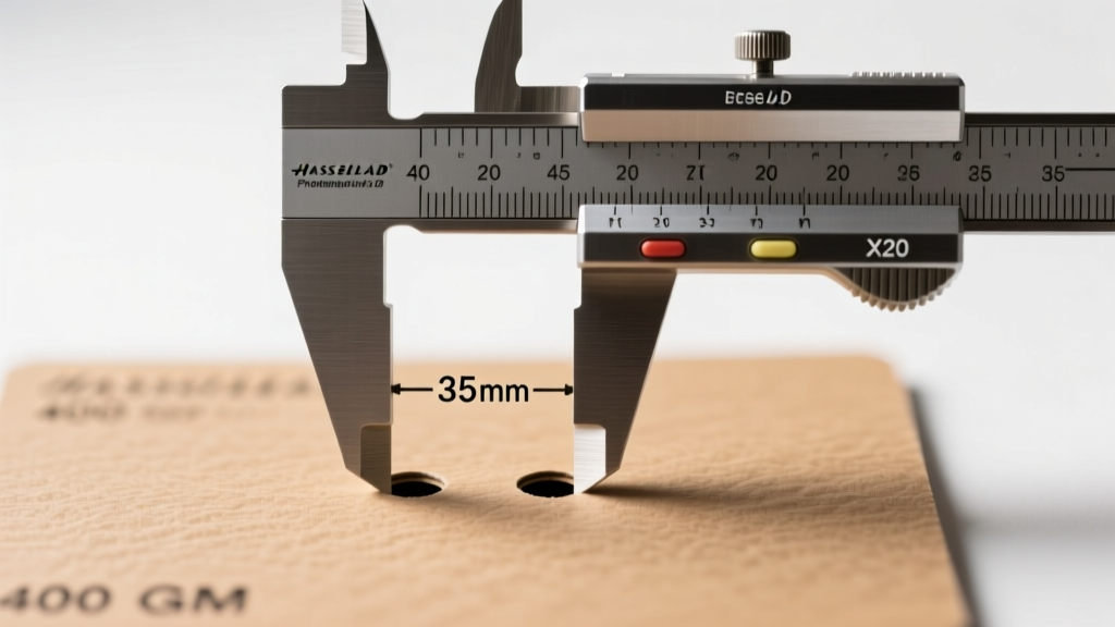 Close-up of digital calipers measuring exactly 35 millimeters between two punched holes on a textured 400 GSM kraft paper cardstock