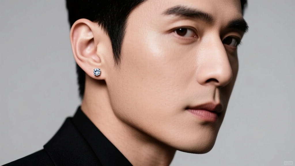 Close-up of a man in a dark suit wearing a 3mm diamond threadless stud earring in his left earlobe under soft studio lighting