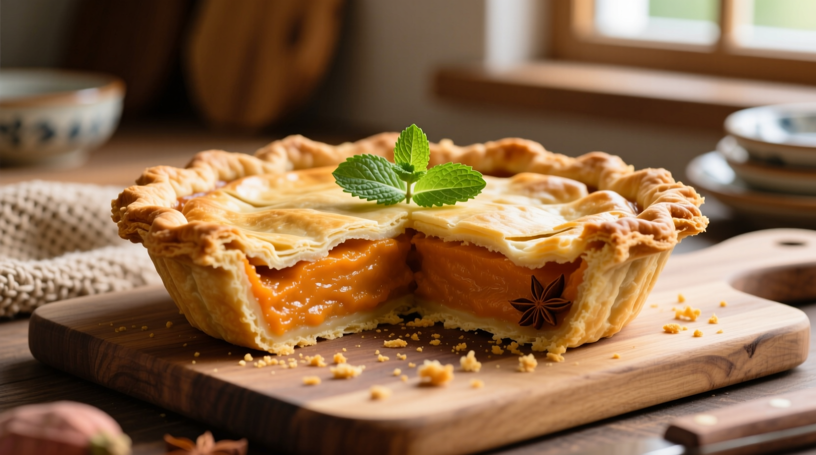 Golden sweet potato pie with flaky crust edges