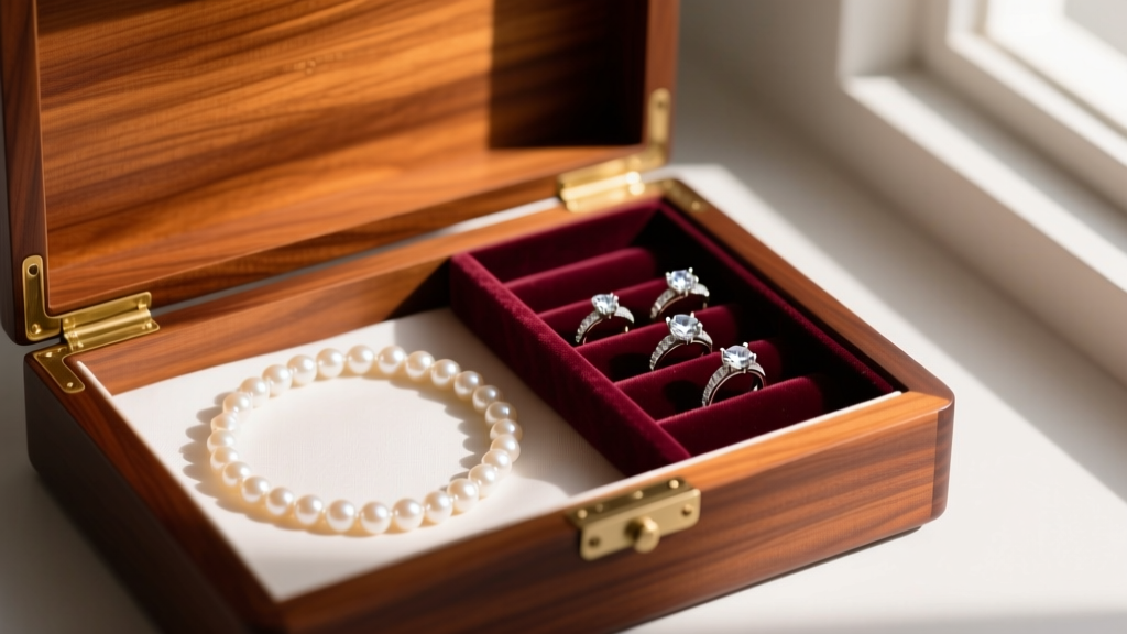 Open mahogany box showing a pearl necklace stored flat on acid-free tissue, separated from diamond rings by a soft velvet divider.