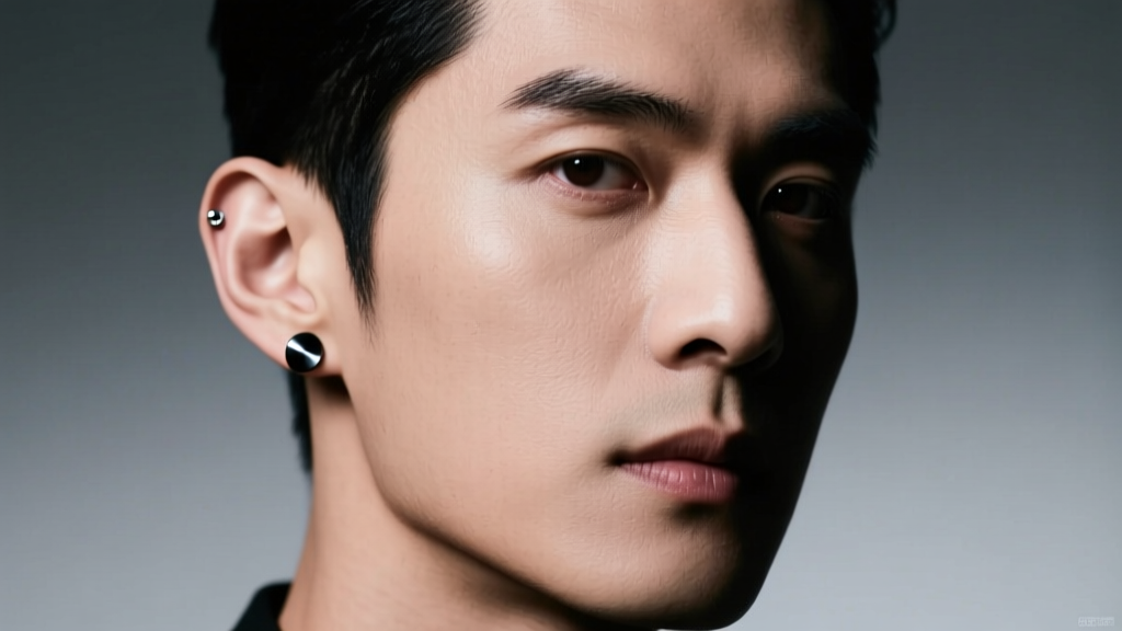Close-up of a stylish man wearing a matte black titanium stud in his left ear lobe, illuminated by moody studio lighting.
