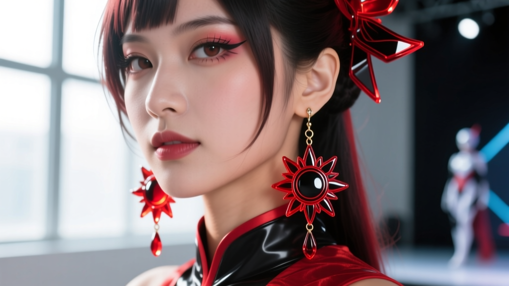 Close-up of red and black acrylic Hanafuda dangle earrings on a cosplayer, soft lighting highlighting the sun motif design.