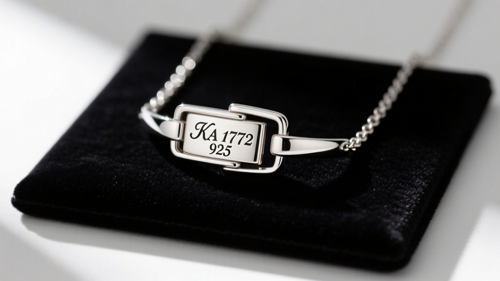 Macro shot of an Italian sterling silver necklace clasp stamped KA 1772 and 925, resting on a dark velvet jeweler's inspection pad