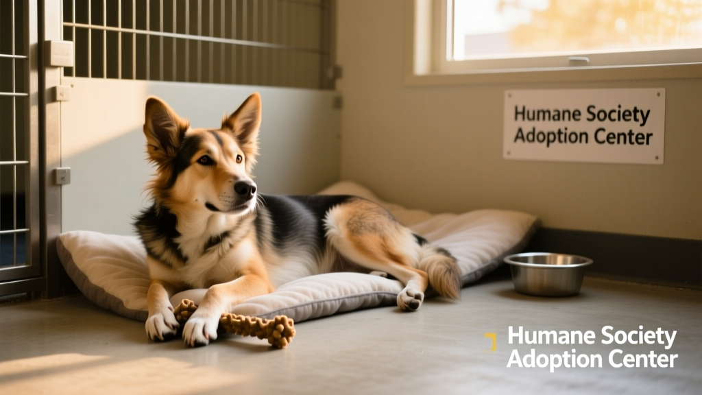 A calm, friendly shelter dog resting in a clean kennel with bedding and toys