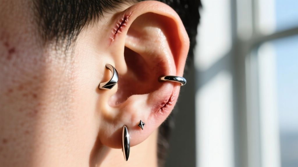 Profile of healed ear with titanium daith hoop and conch labret in bright natural daylight, showing skin texture and metal shine.