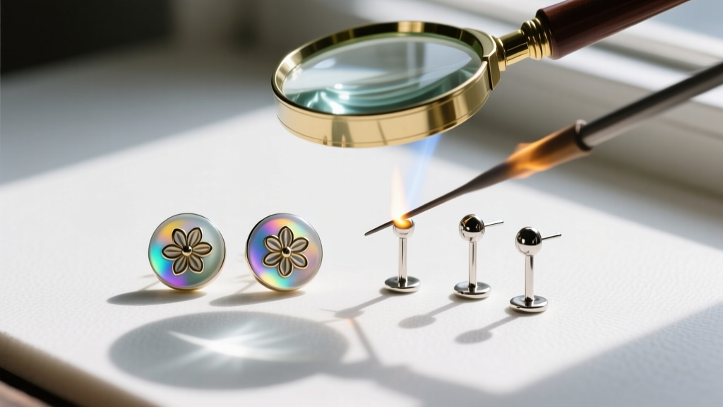 Flat lay of vintage glass button earrings being converted with new titanium posts, jeweler