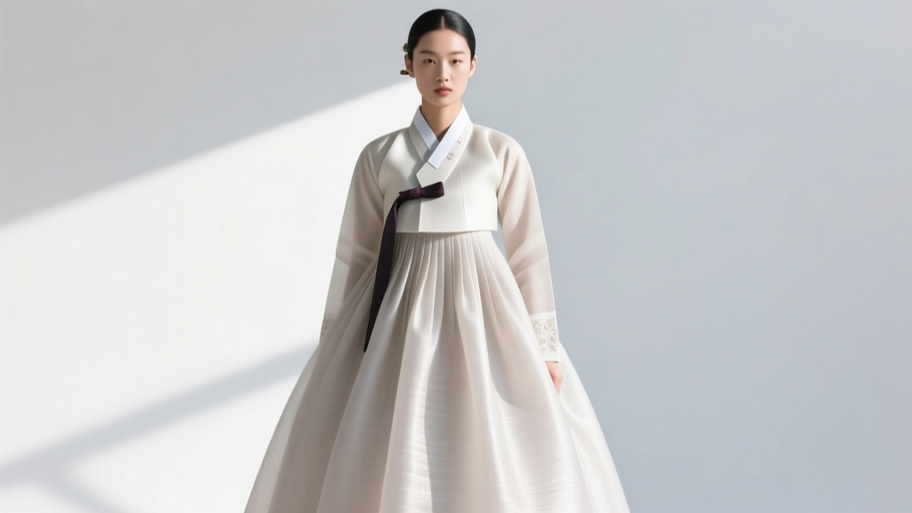 Visual breakdown of the Korean hanbok A-line structure featuring the short jeogori jacket and high-waisted voluminous chima skirt.
