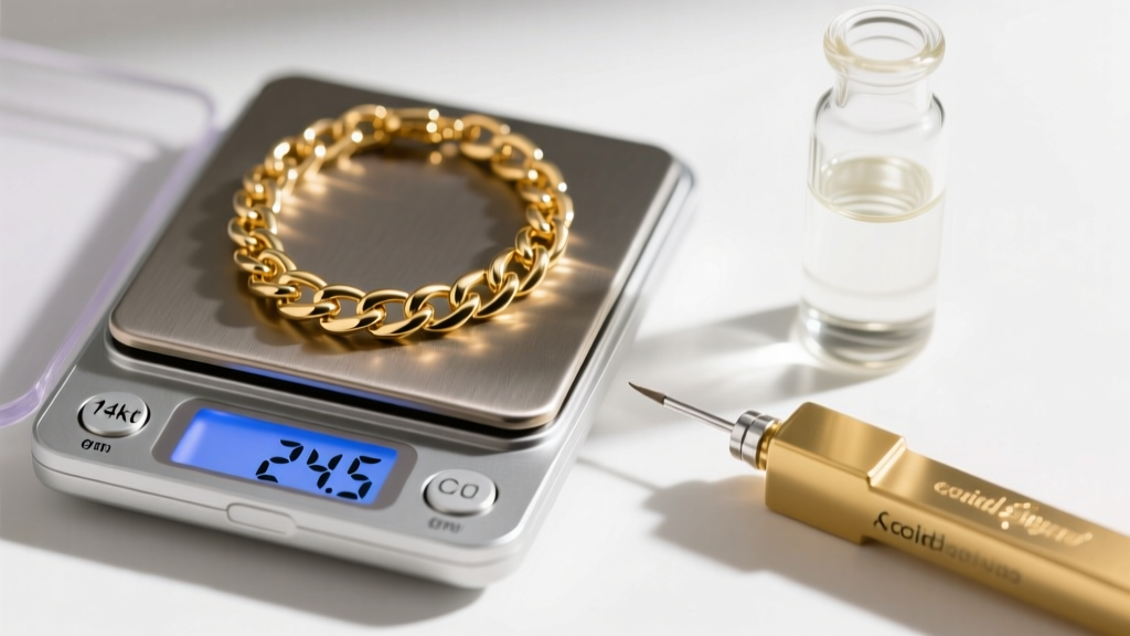 Close-up of a digital jewelry scale weighing a 14kt gold Cuban link necklace, showing 24.5 grams, next to a gold acid testing kit.