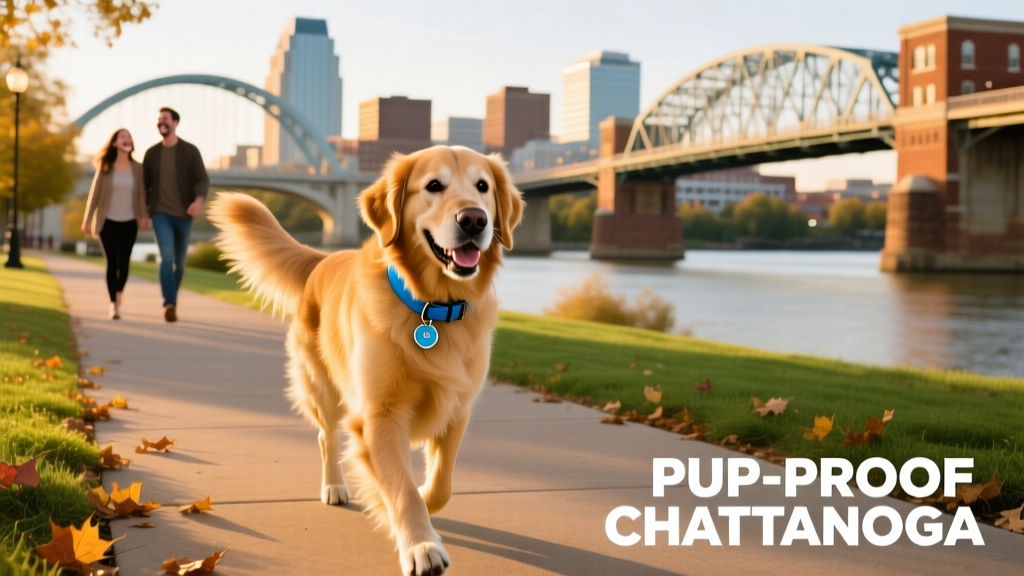 A golden retriever walking happily along the Tennessee Riverwalk with downtown Chattanooga skyline in the background