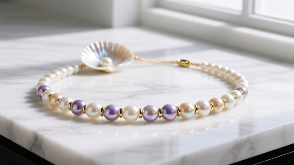 Flat lay of an elevated shell bead necklace with graduated mother-of-pearl beads and 14k gold spacers on white marble