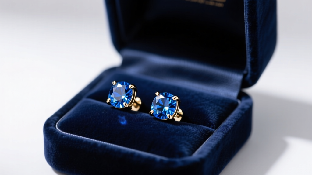 Close-up of an open velvet box revealing 18k white gold stud earrings with vivid cornflower blue Yogo sapphires under soft spotlight.