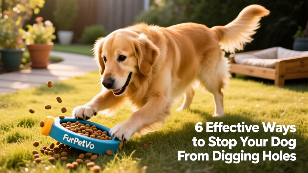 A golden retriever happily working on a FurPetVo puzzle toy filled with kibble