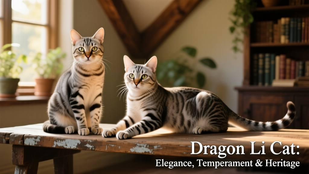 Two Dragon Li cats side-by-side on a rustic wooden bench, one gazing calmly at the camera while the other stretches gracefully—highlighting their elegant posture and uniform ticked coat pattern