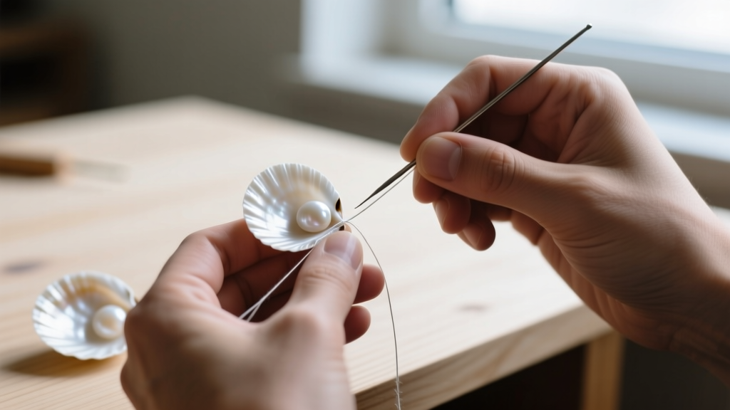 Artisan hands using a fine beading needle and silk thread to string microscopic white Laiki shells into a continuous lei.