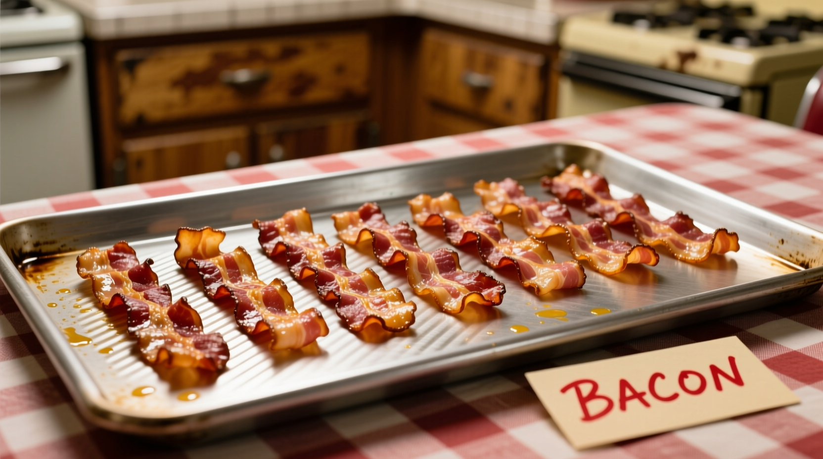 Bacon strips arranged on baking sheet