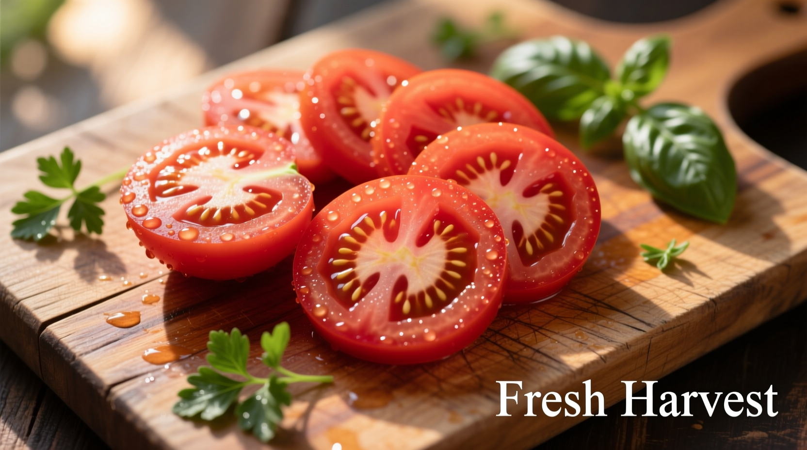 Fresh beefsteak tomatoes sliced on wooden cutting board