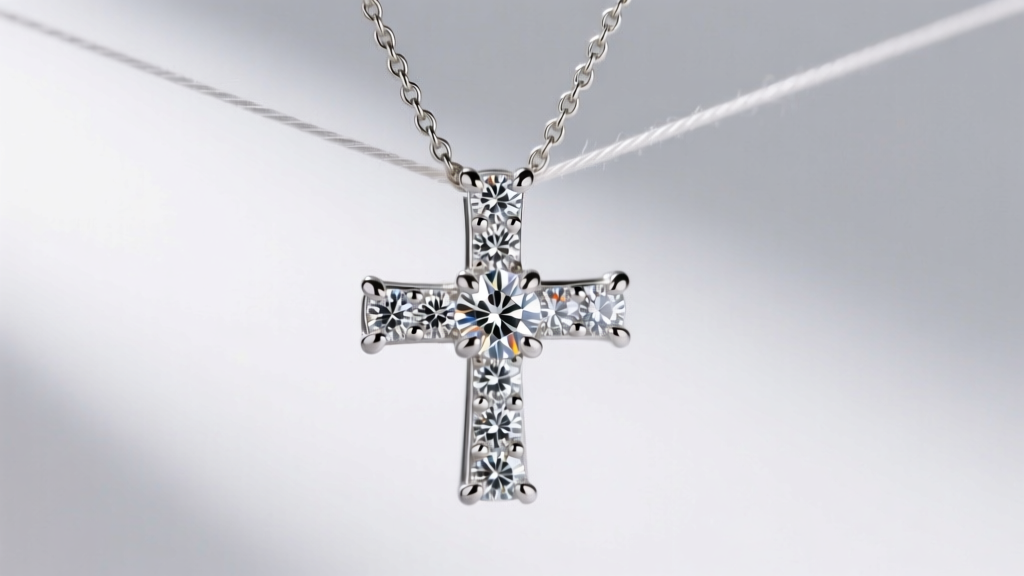 Macro photography of a 0.10 carat total weight natural diamond cross pendant, showing the prong settings and 1mm cable chain links