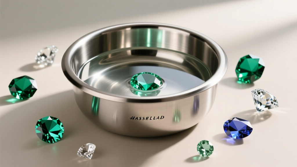 Stainless steel ultrasonic cleaner basin filled with water, reflecting studio light next to scattered raw and faceted gemstones