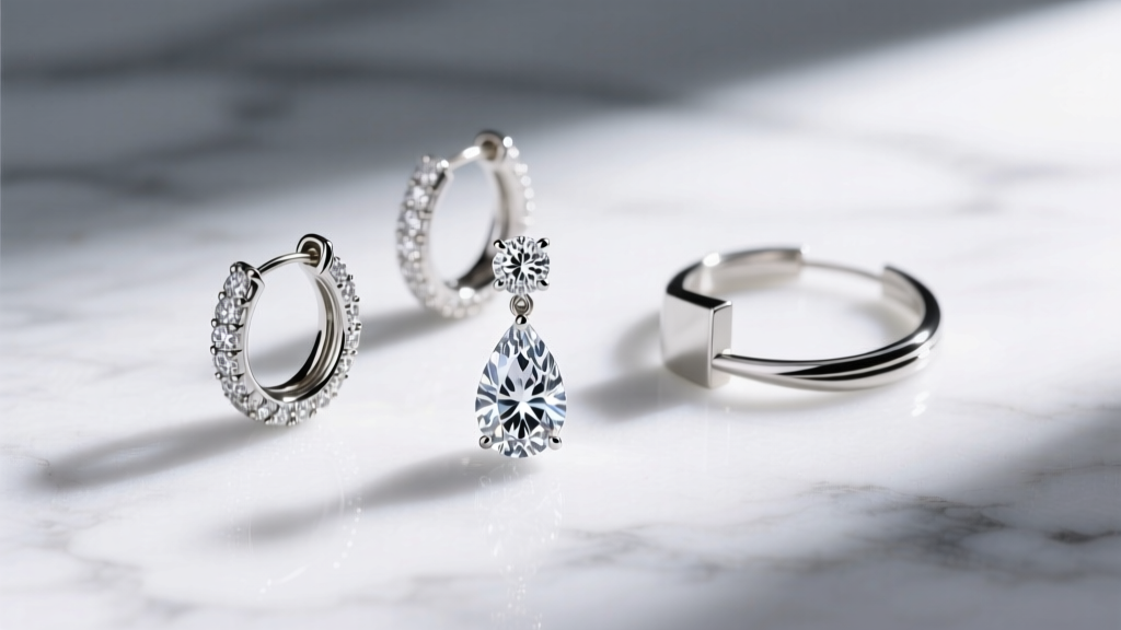 Flat lay of diamond huggies, elongated teardrop drops, and a curved ear cuff arranged elegantly on a white marble surface