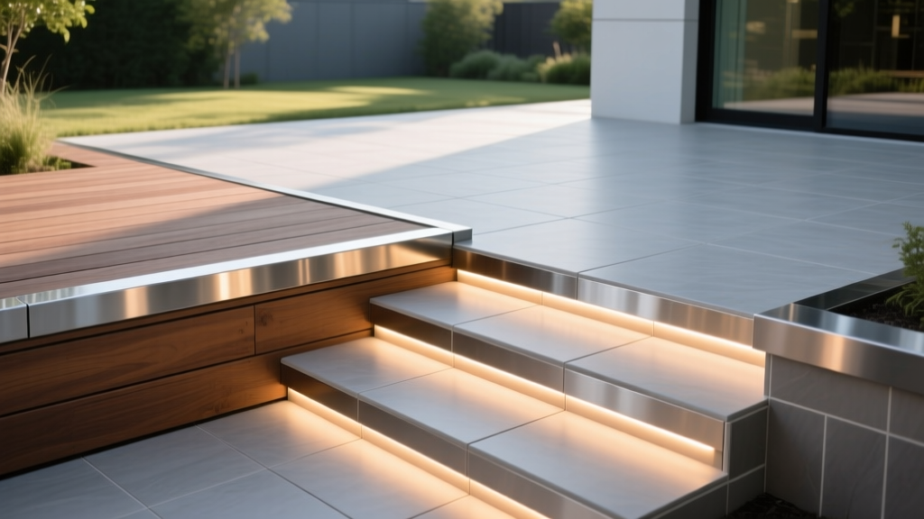 Capped composite decking transitioning to porcelain pavers on a modern patio with stainless steel edge restraints and LED step lighting