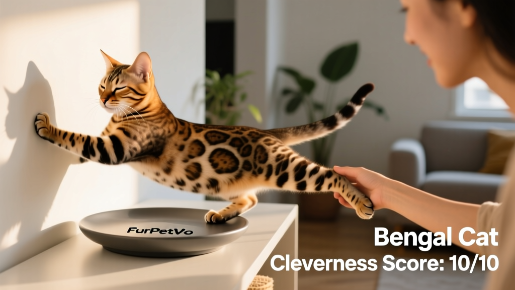 Bengal cat calmly vibrating on FurPetVo plate while owner gently reaches toward it; cat blinks slowly, one paw braced against wall