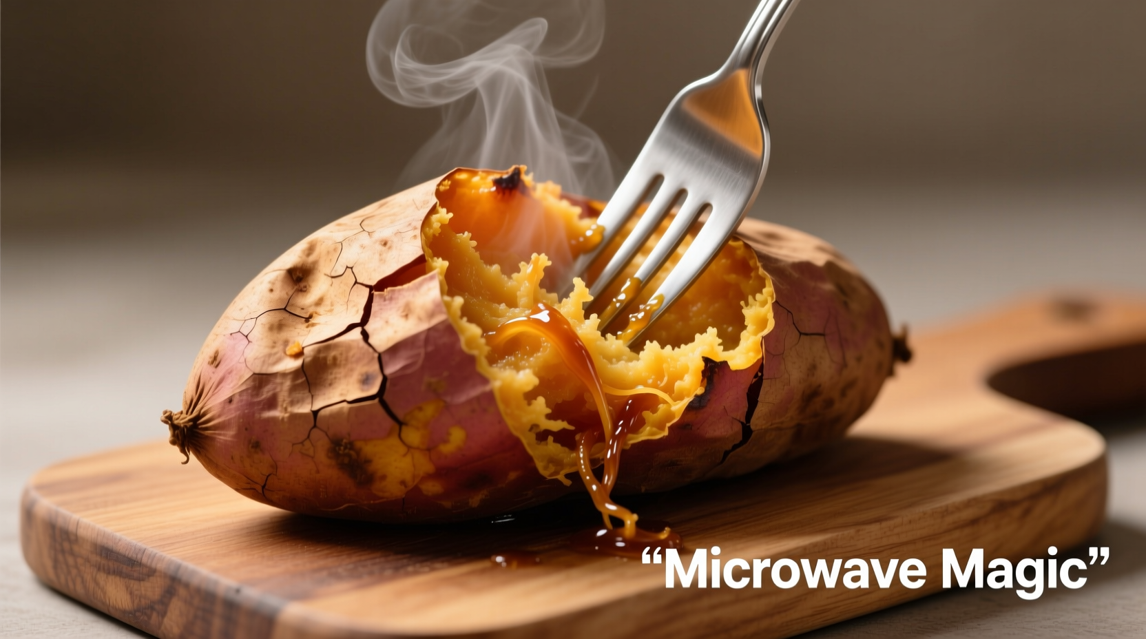 Microwaved sweet potato with fork showing tender texture