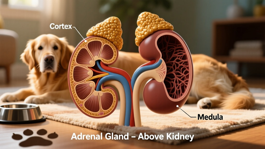 Illustration showing canine adrenal glands positioned above the kidneys, highlighting cortex and medulla layers