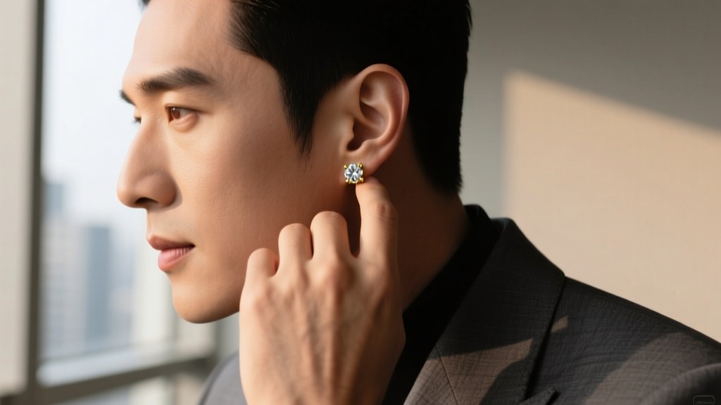 Man in a charcoal suit adjusting an 18k gold diamond stud earring, cinematic lighting with sharp focus on the ear and jawline.