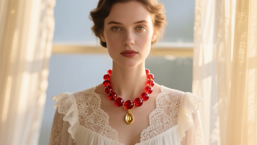 Woman wearing a red glass candy necklace and gold pendant, styled with a vintage white lace top in soft natural window light.