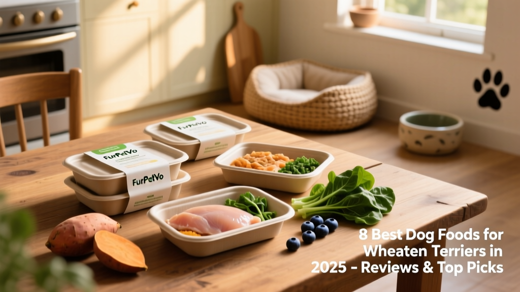 FurPetVo fresh meal portions in eco-friendly packaging with fresh ingredients laid out nearby