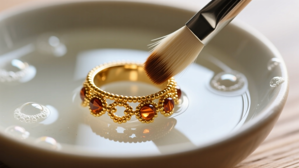 Close-up of a soft-bristled brush gently cleaning textured gold beadwork of an artisan ring in a bowl of lukewarm soapy water.