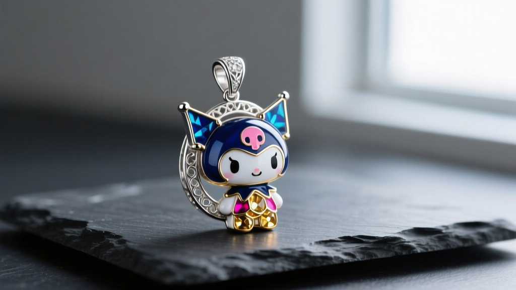 Macro shot of a detailed, multi-colored vitreous enamel Sonichu character pendant in 925 sterling silver on dark slate.