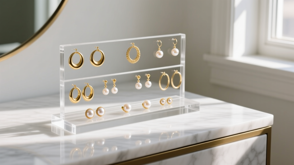 Clear acrylic earring organizer displaying gold hoops and pearl studs on a white marble vanity, illuminated by soft morning light