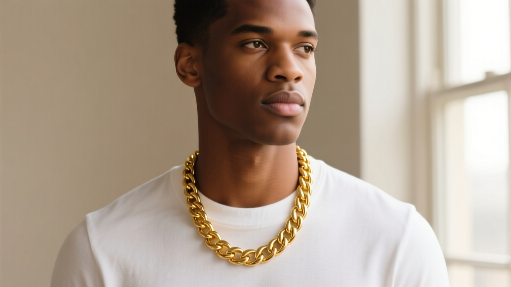 Man wearing a 20-inch 14k yellow gold Cuban link chain resting perfectly on his collarbone over a white crewneck t-shirt