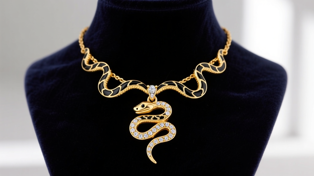 Close-up of an 18k yellow gold talisman necklace with black enamel snake motifs and pave diamonds, resting on a dark velvet bust.