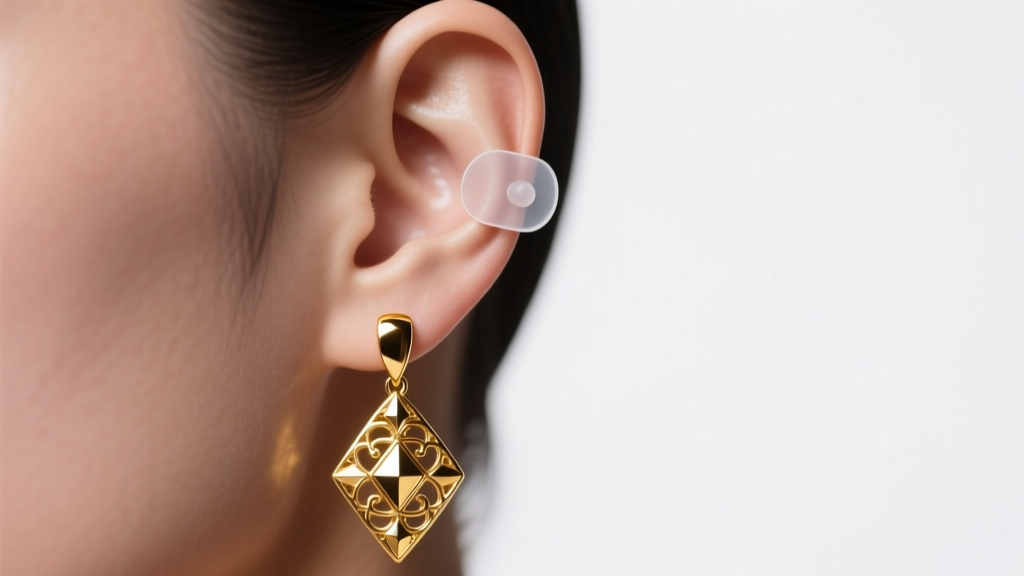 Close-up of an ear wearing a heavy 14k gold statement drop earring supported by a clear silicone patch under soft studio lighting