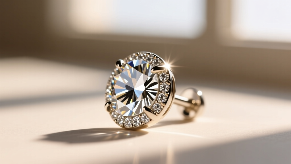 Side profile of a bezel-set lab-grown diamond sparkle earring catching sunlight, highlighting crisp facet edges and brilliance.