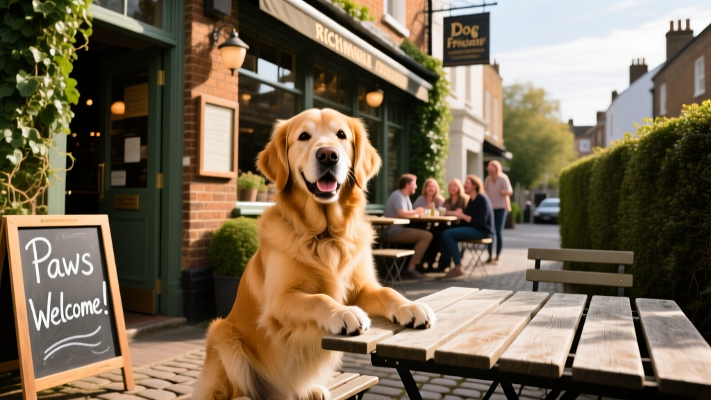 A cheerful golden retriever sitting beside a wooden table outside a traditional Richmond pub