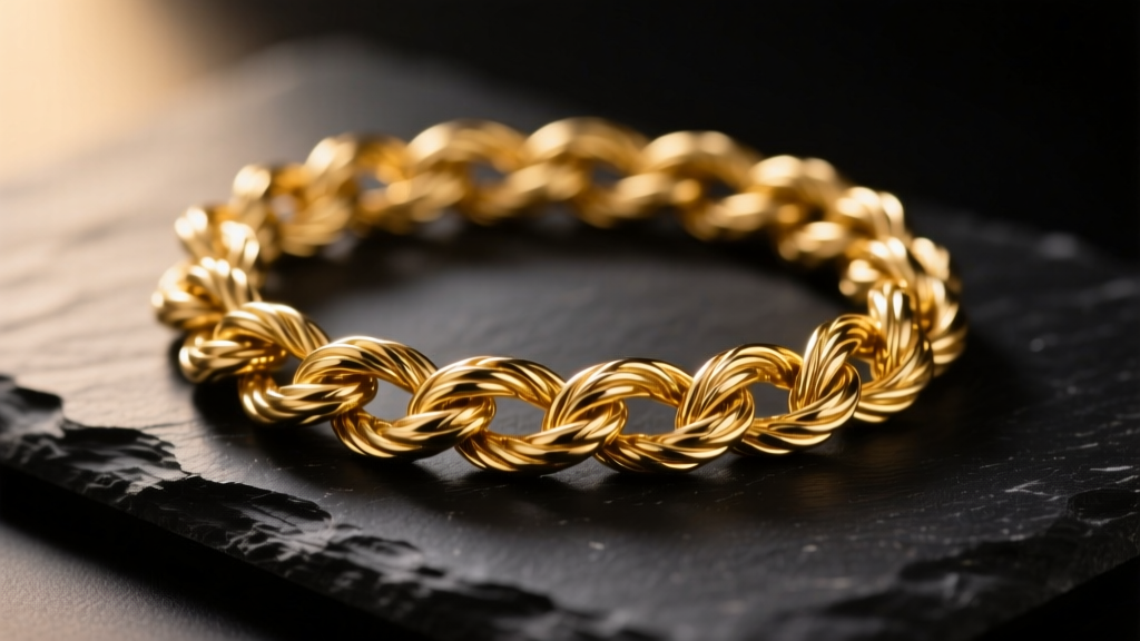 Close-up of a tangled 18k gold rope chain on dark slate, illuminated by warm spotlight highlighting the intricate kinks and knots.