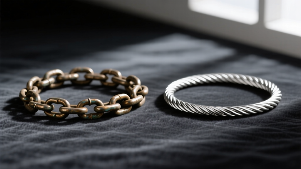 Side-by-side comparison of a tarnished zinc alloy chain and a polished sterling silver cable chain on a dark velvet background.