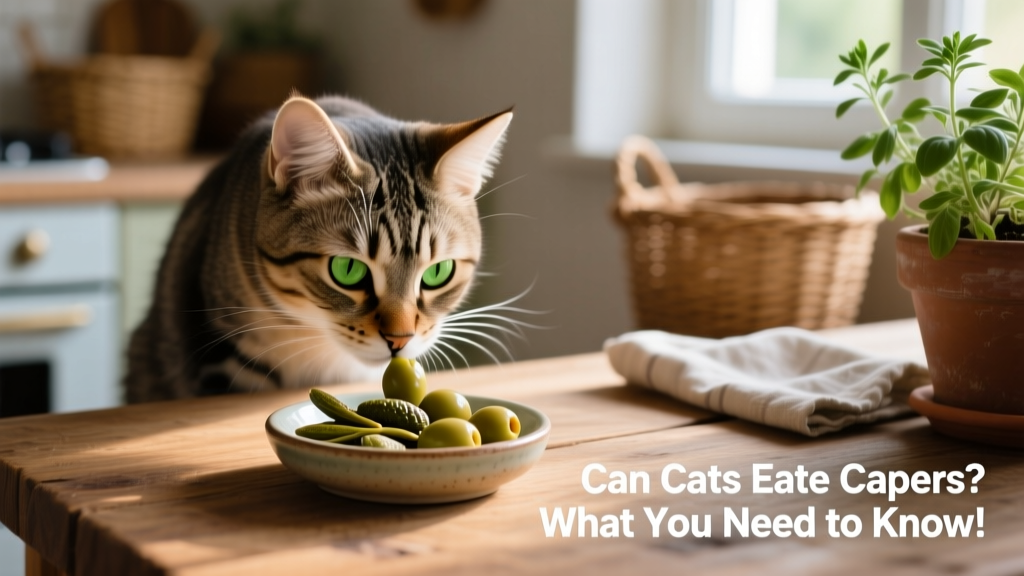 A domestic cat sniffing curiously at a small dish containing capers and olives