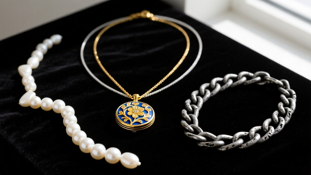 Flat lay of three necklace layers including a gold enamel locket, white baroque pearls, and oxidized silver chain on dark velvet